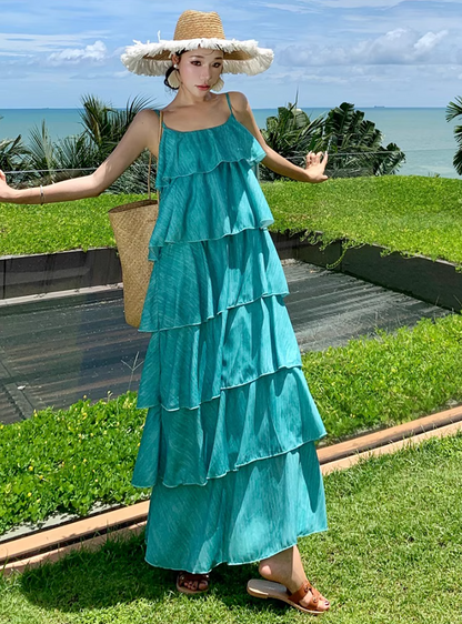 Flattering Vibrant Soft Gradient Maxi Dress Bright Summer Tiered Long Dress AP0450