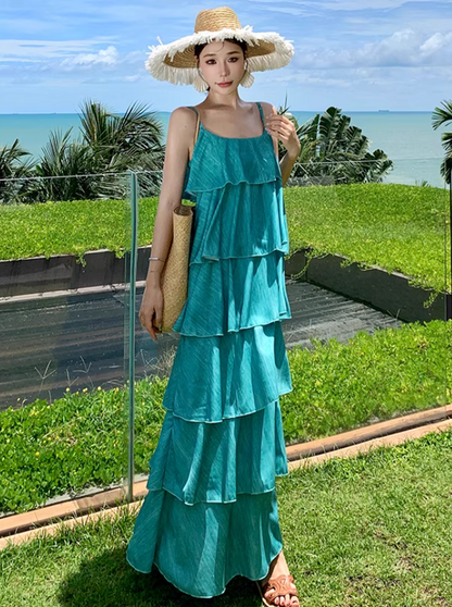 Flattering Vibrant Soft Gradient Maxi Dress Bright Summer Tiered Long Dress AP0450