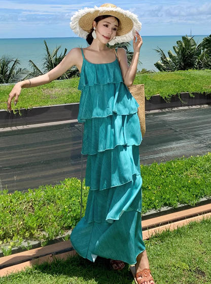 Flattering Vibrant Soft Gradient Maxi Dress Bright Summer Tiered Long Dress AP0450