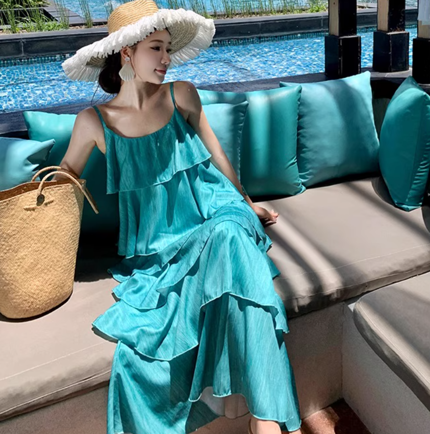 Flattering Vibrant Soft Gradient Maxi Dress Bright Summer Tiered Long Dress AP0450