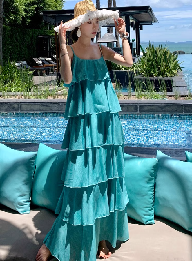 Flattering Vibrant Soft Gradient Maxi Dress Bright Summer Tiered Long Dress AP0450