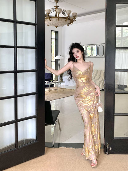 Vibrant Smooth Fabric Glow Maxi Dress Brightening Spaghetti Strap Vacation Long Dress AP0451