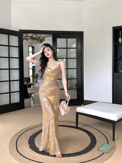 Vibrant Smooth Fabric Glow Maxi Dress Brightening Spaghetti Strap Vacation Long Dress AP0451