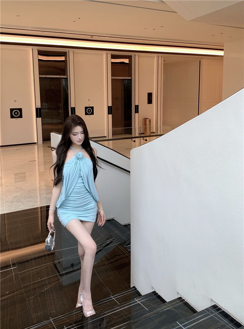 Chic Sleeveless Halter Floral Ornament Skirt Close-Fitting Strapless Short Dress AP0452