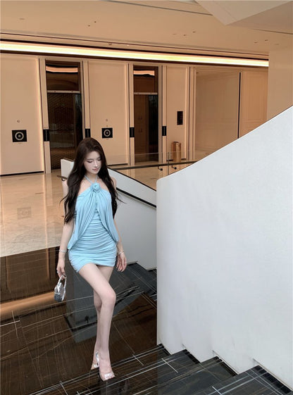 Chic Sleeveless Halter Floral Ornament Skirt Close-Fitting Strapless Short Dress AP0452