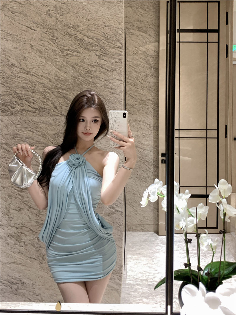 Chic Sleeveless Halter Floral Ornament Skirt Close-Fitting Strapless Short Dress AP0452