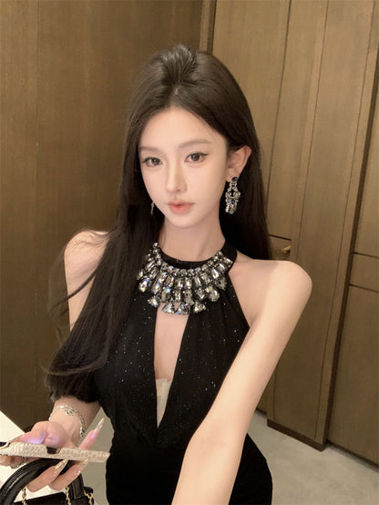 Stretchy Pearlescent Fabric Bodycon Party Skirt Sleeveless Summer Shine Halter Short Dress AP0453