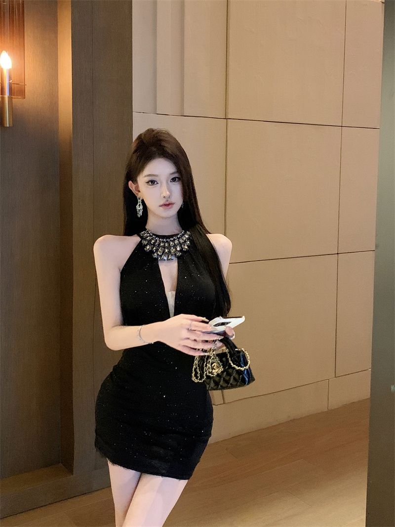 Stretchy Pearlescent Fabric Bodycon Party Skirt Sleeveless Summer Shine Halter Short Dress AP0453