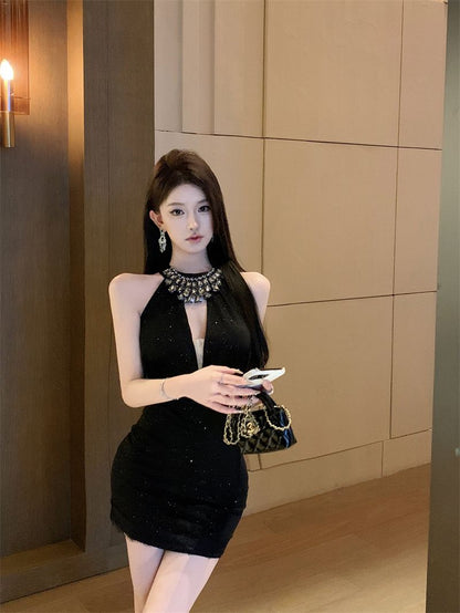 Stretchy Pearlescent Fabric Bodycon Party Skirt Sleeveless Summer Shine Halter Short Dress AP0453