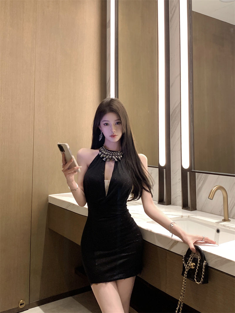 Stretchy Pearlescent Fabric Bodycon Party Skirt Sleeveless Summer Shine Halter Short Dress AP0453