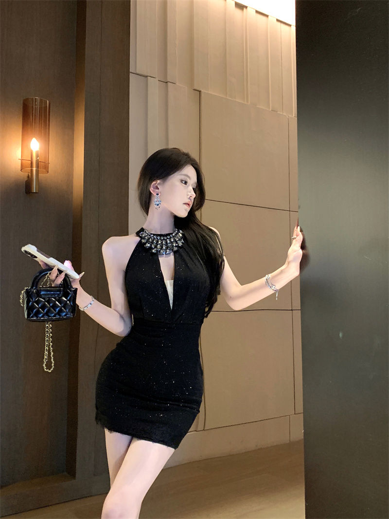 Stretchy Pearlescent Fabric Bodycon Party Skirt Sleeveless Summer Shine Halter Short Dress AP0453