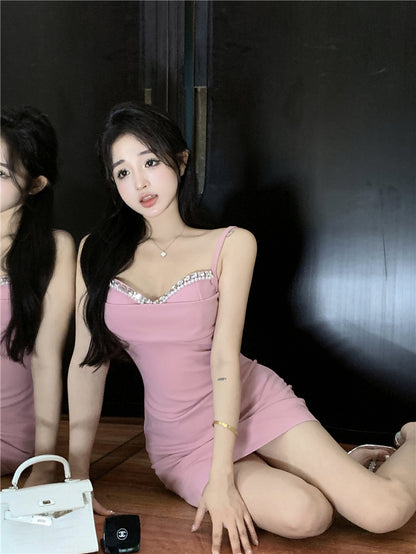 Crystal Ornament Pink Short Skirt Birthday Sweet Girls Sheath Short Dress AP0455