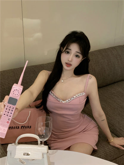 Crystal Ornament Pink Short Skirt Birthday Sweet Girls Sheath Short Dress AP0455