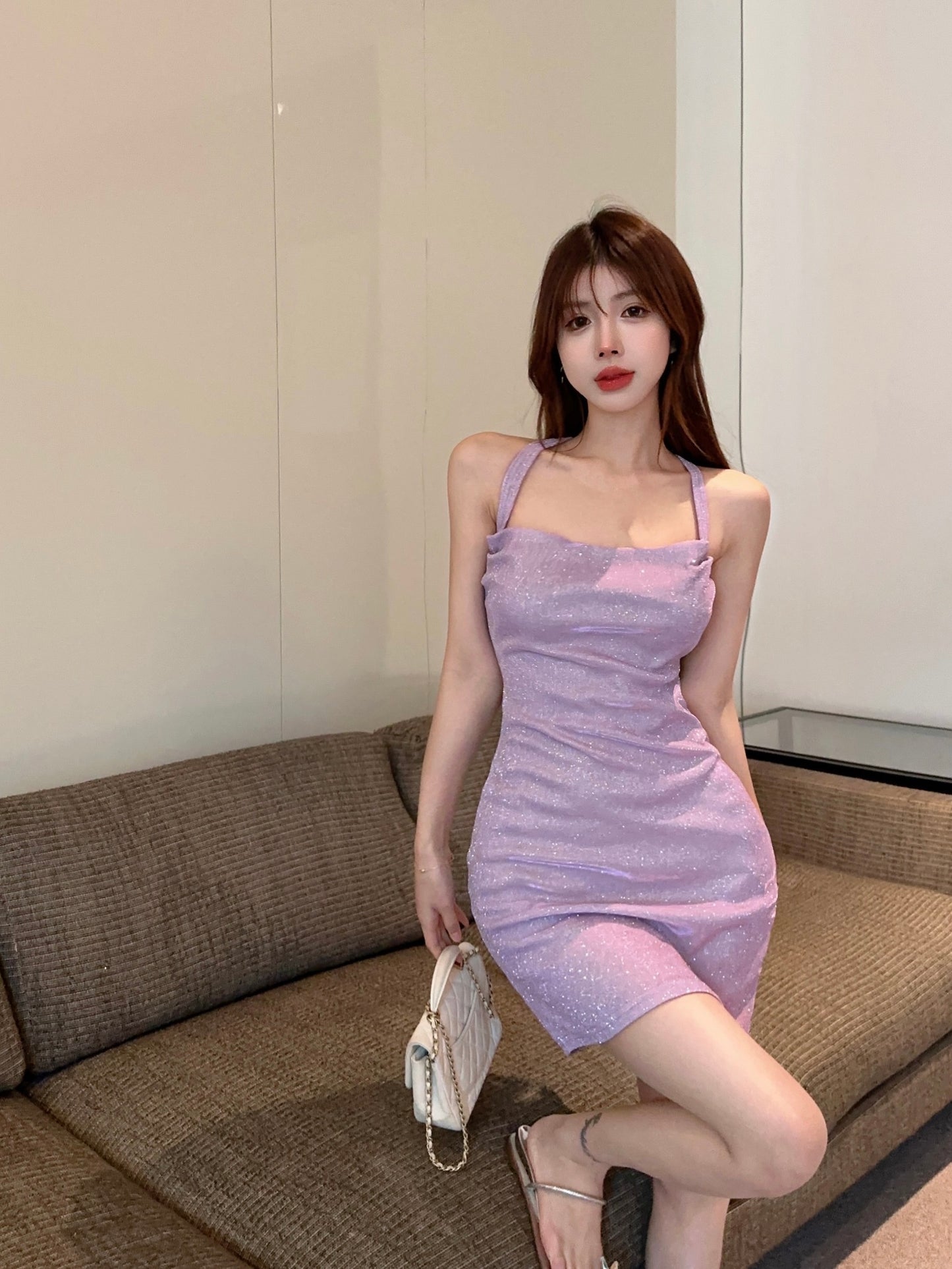 Elegant Sleeveless Sheen Bodycon Party Skirt Strap Overlap Halter Short Dress AP0457