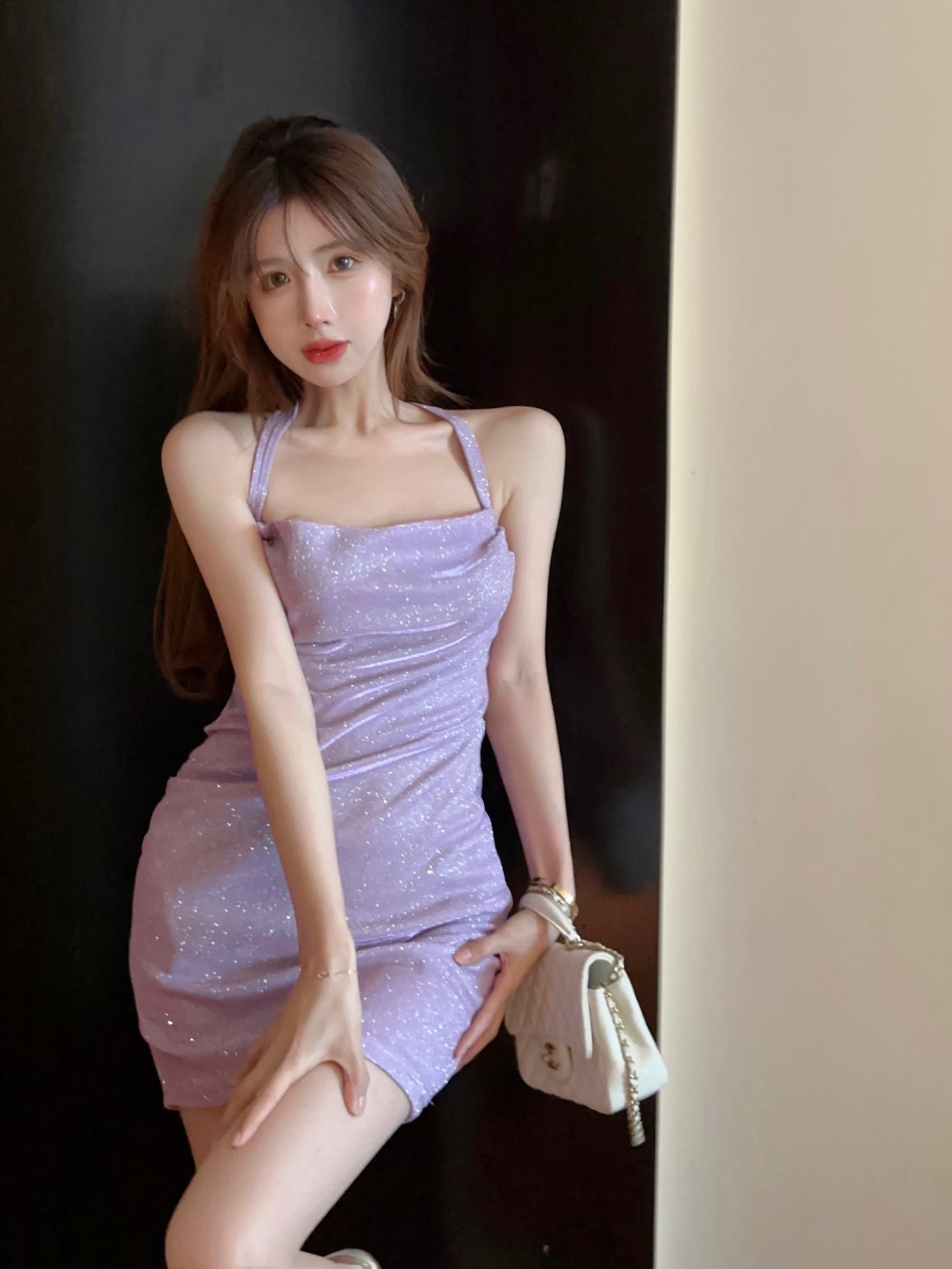 Elegant Sleeveless Sheen Bodycon Party Skirt Strap Overlap Halter Short Dress AP0457