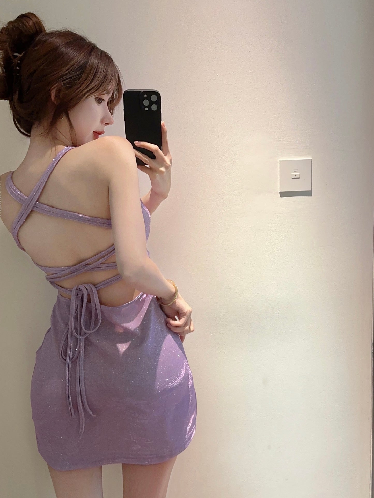 Elegant Sleeveless Sheen Bodycon Party Skirt Strap Overlap Halter Short Dress AP0457