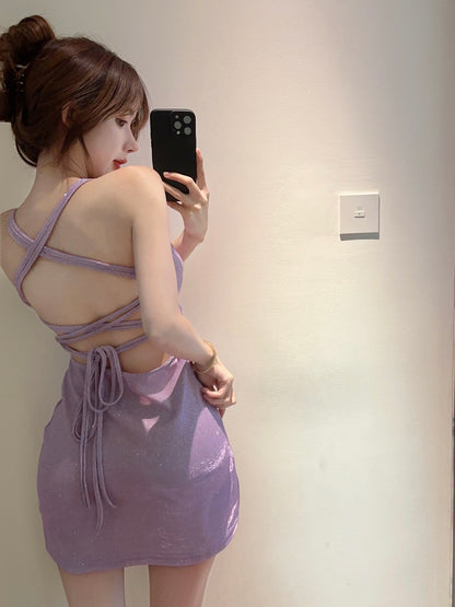 Elegant Sleeveless Sheen Bodycon Party Skirt Strap Overlap Halter Short Dress AP0457