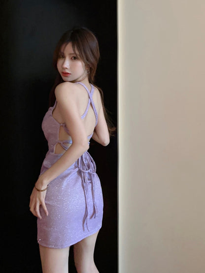 Elegant Sleeveless Sheen Bodycon Party Skirt Strap Overlap Halter Short Dress AP0457