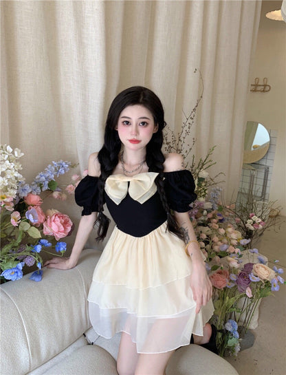 White-Black Splicing Tulle Layered Summer Skirt Short Sleeve Ball Gown Short Dress AP0458