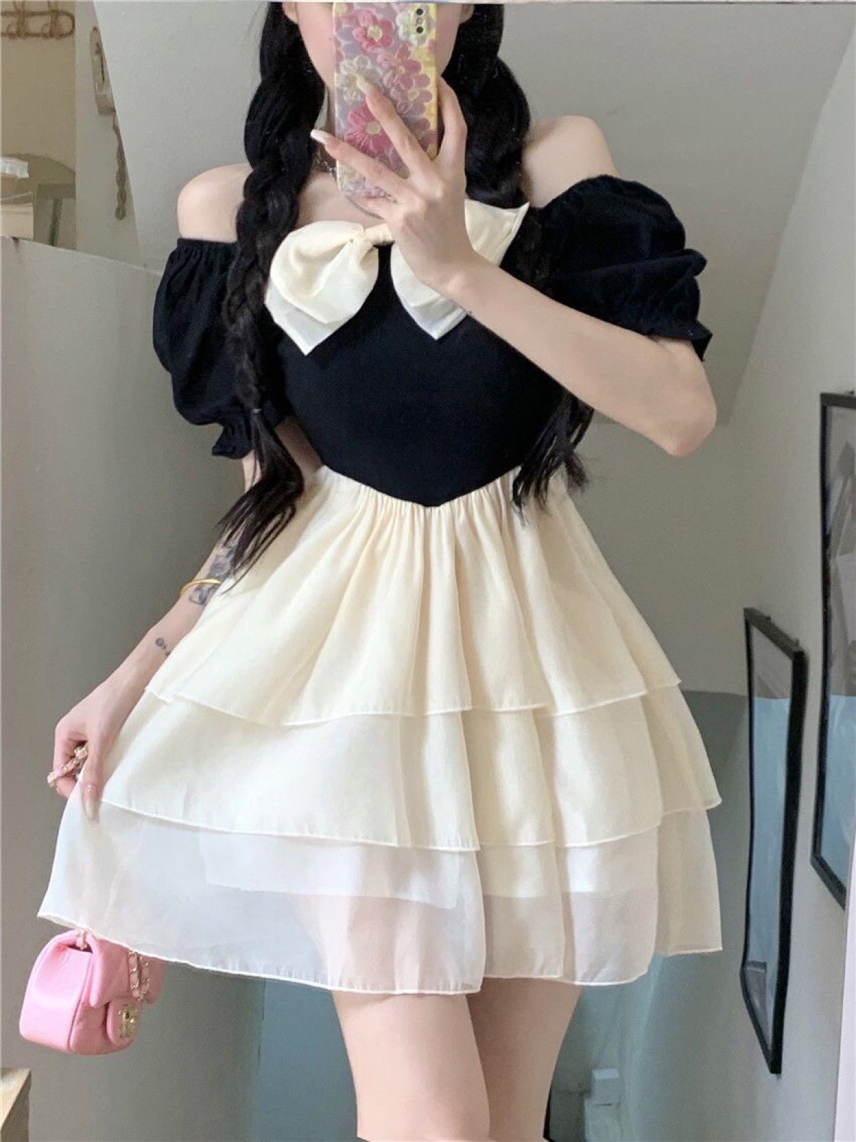 White-Black Splicing Tulle Layered Summer Skirt Short Sleeve Ball Gown Short Dress AP0458