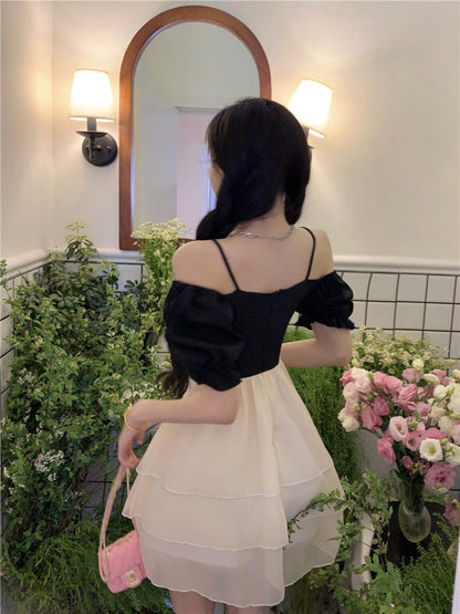 White-Black Splicing Tulle Layered Summer Skirt Short Sleeve Ball Gown Short Dress AP0458