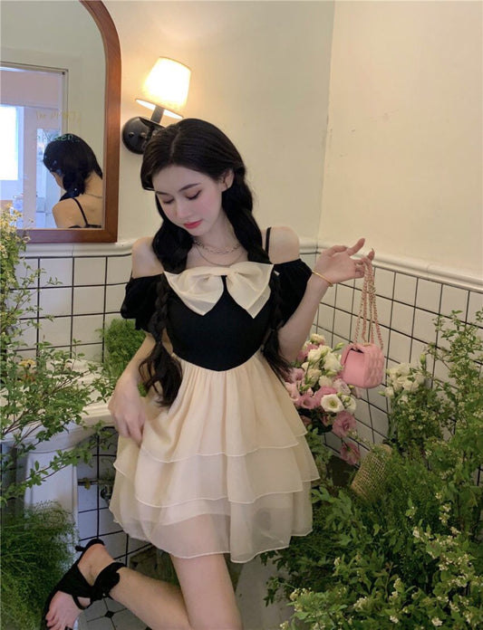 White-Black Splicing Tulle Layered Summer Skirt Short Sleeve Ball Gown Short Dress AP0458
