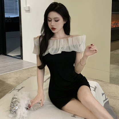 Ruffled Trimmed  Sleeveless Off-Shoulder Summer Skirt Strapless Bodycon Short Dress AP0459