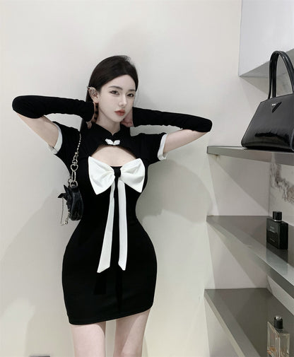 Sexy Lady Short Sleeve Strapless Dress Bowknot Hollow-Out Bodycon Short Dress AP0461