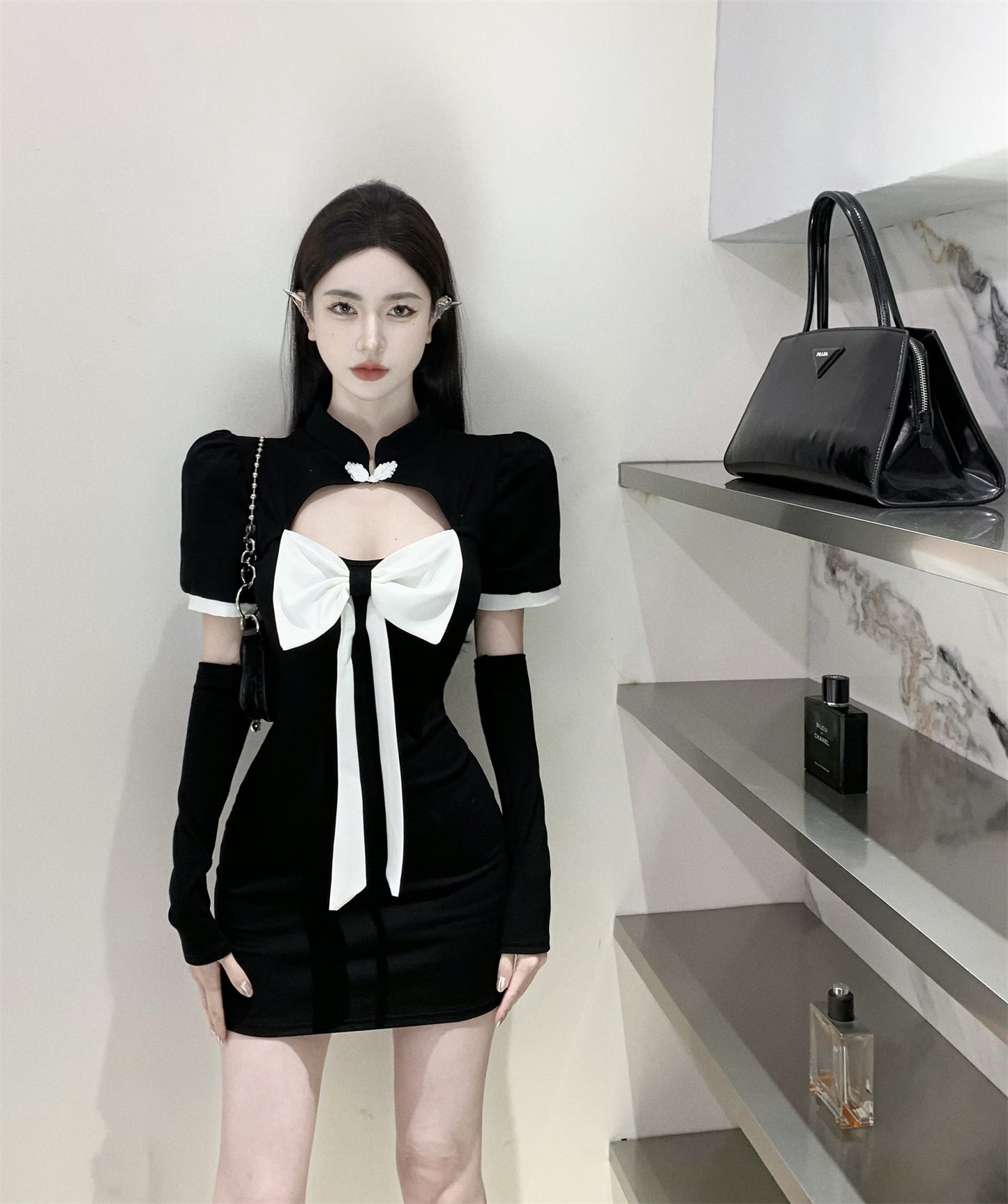 Sexy Lady Short Sleeve Strapless Dress Bowknot Hollow-Out Bodycon Short Dress AP0461