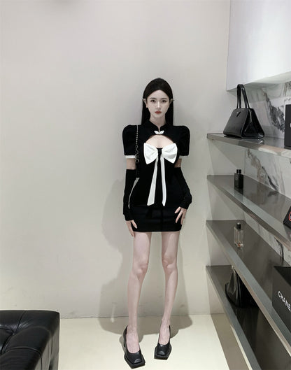 Sexy Lady Short Sleeve Strapless Dress Bowknot Hollow-Out Bodycon Short Dress AP0461