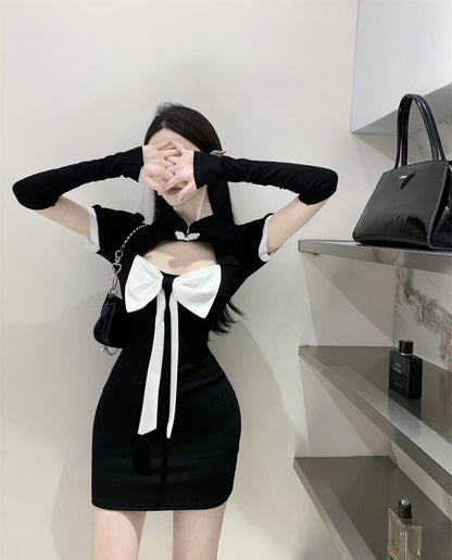 Sexy Lady Short Sleeve Strapless Dress Bowknot Hollow-Out Bodycon Short Dress AP0461