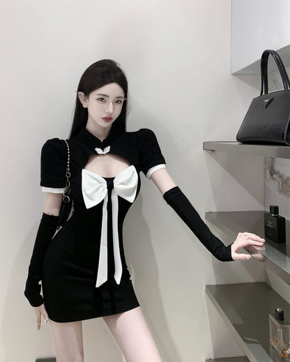 Sexy Lady Short Sleeve Strapless Dress Bowknot Hollow-Out Bodycon Short Dress AP0461