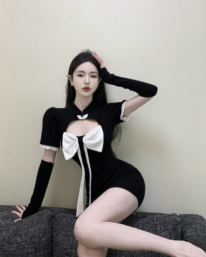 Sexy Lady Short Sleeve Strapless Dress Bowknot Hollow-Out Bodycon Short Dress AP0461