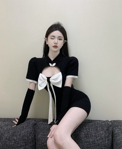 Sexy Lady Short Sleeve Strapless Dress Bowknot Hollow-Out Bodycon Short Dress AP0461