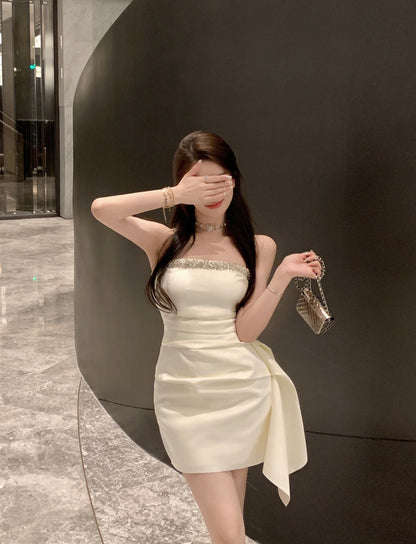 Strapless Casual Asymmetrical Hem Mini Dress Noble Women Sleeveless Short Dress AP0462