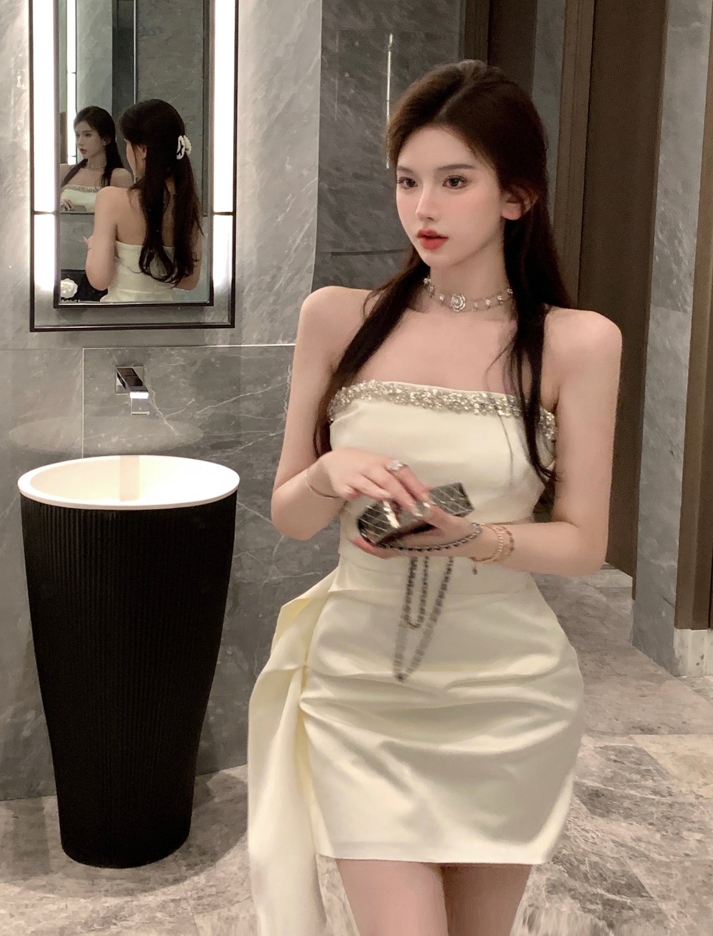 Strapless Casual Asymmetrical Hem Mini Dress Noble Women Sleeveless Short Dress AP0462