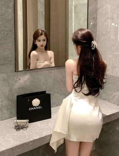 Strapless Casual Asymmetrical Hem Mini Dress Noble Women Sleeveless Short Dress AP0462