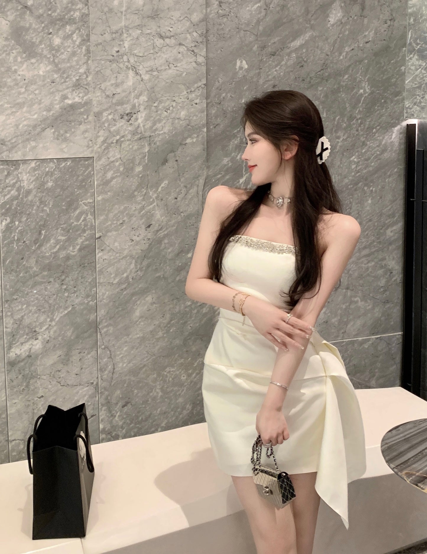 Strapless Casual Asymmetrical Hem Mini Dress Noble Women Sleeveless Short Dress AP0462