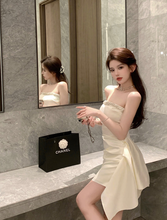Strapless Casual Asymmetrical Hem Mini Dress Noble Women Sleeveless Short Dress AP0462