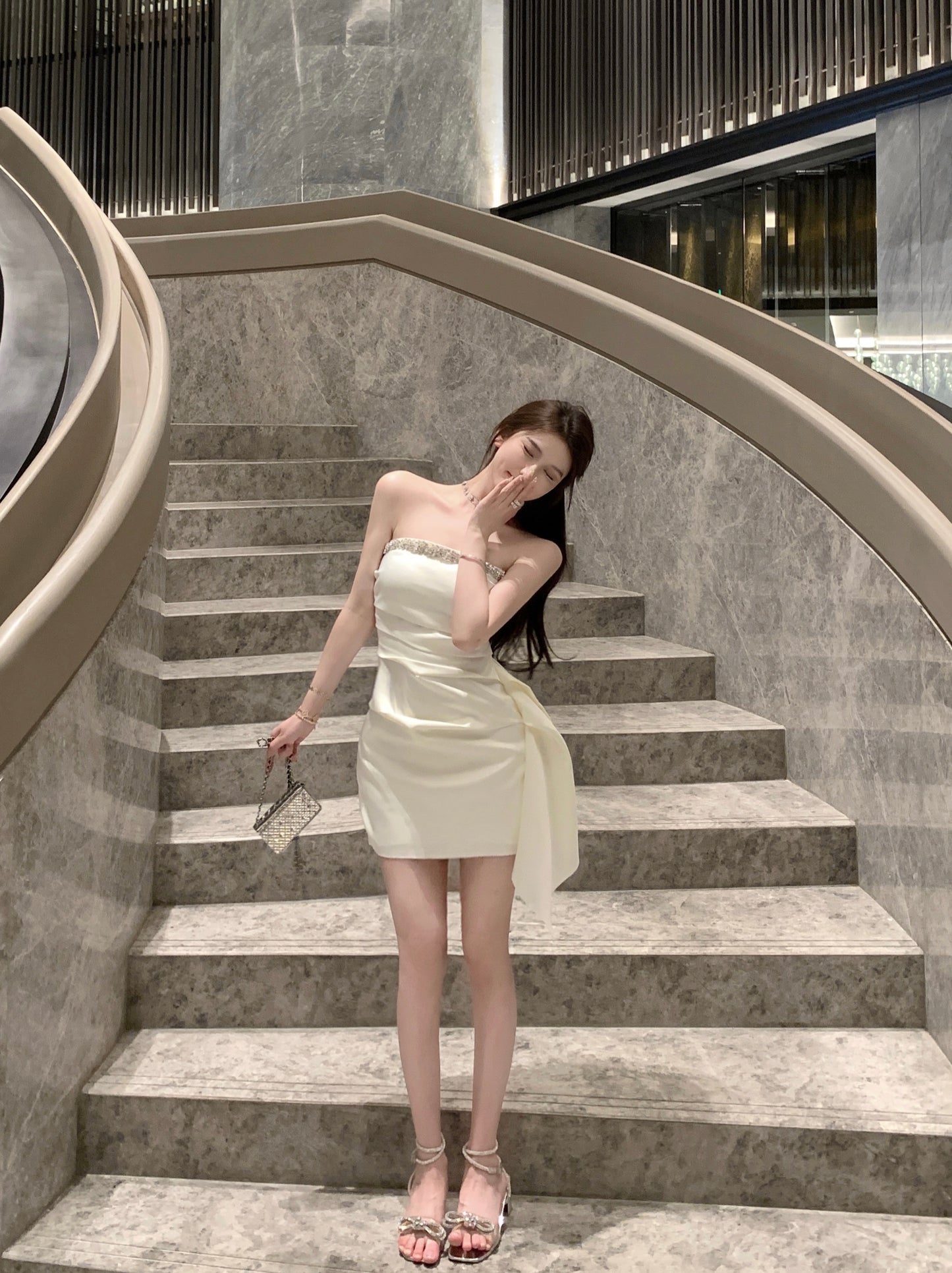 Strapless Casual Asymmetrical Hem Mini Dress Noble Women Sleeveless Short Dress AP0462