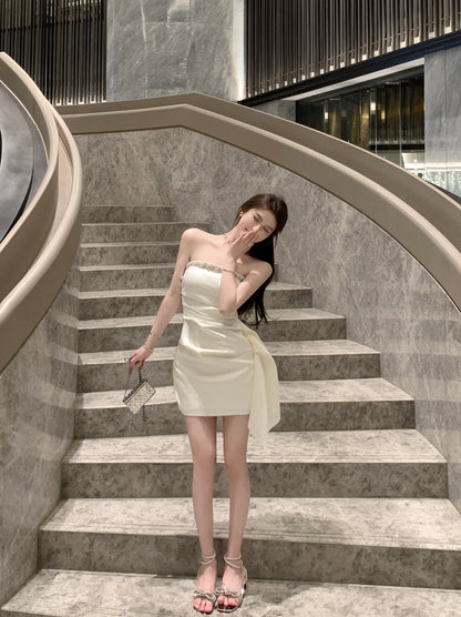 Strapless Casual Asymmetrical Hem Mini Dress Noble Women Sleeveless Short Dress AP0462