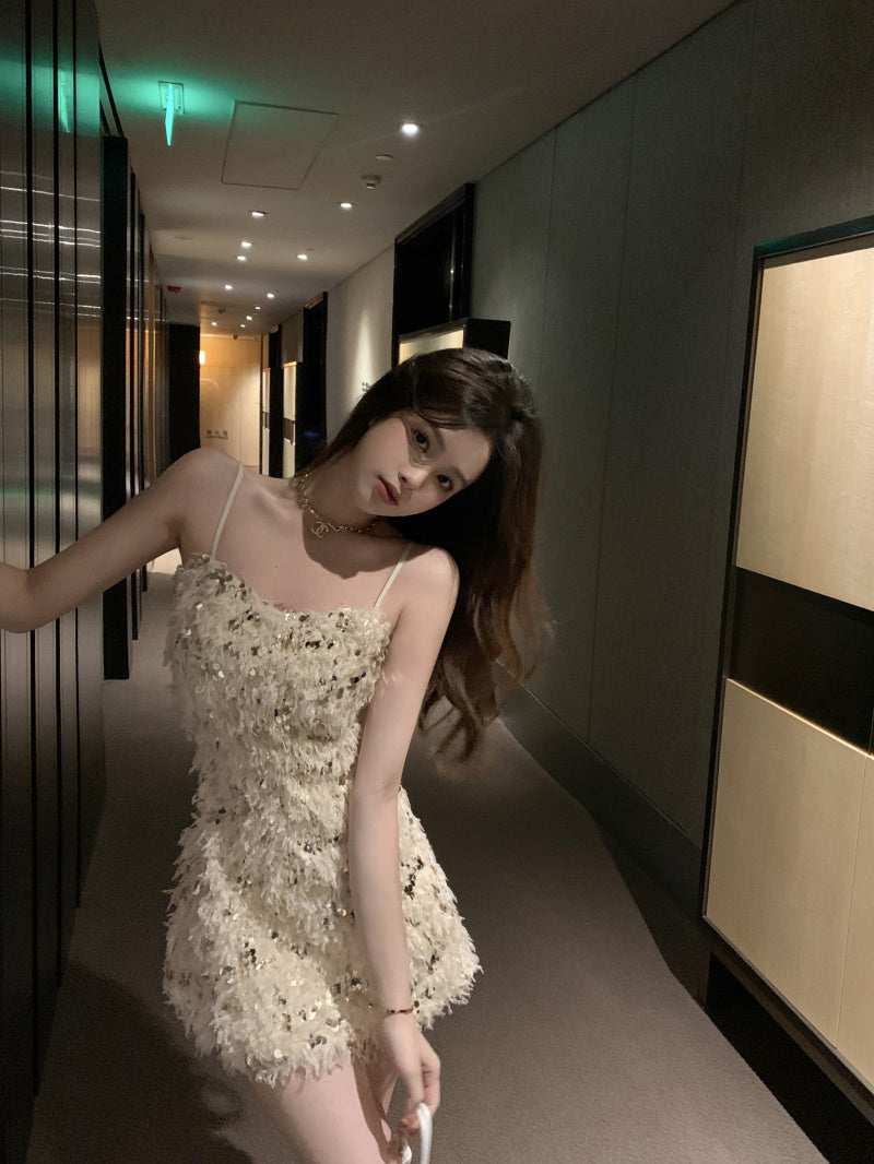 Furry Sequin Sleeveless Bodycon Mini Skirt Spaghetti Strap Y2K Party Short Dress AP0463