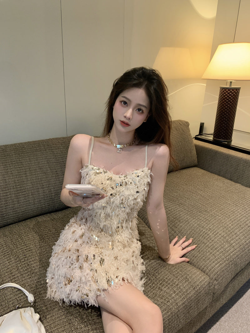 Furry Sequin Sleeveless Bodycon Mini Skirt Spaghetti Strap Y2K Party Short Dress AP0463