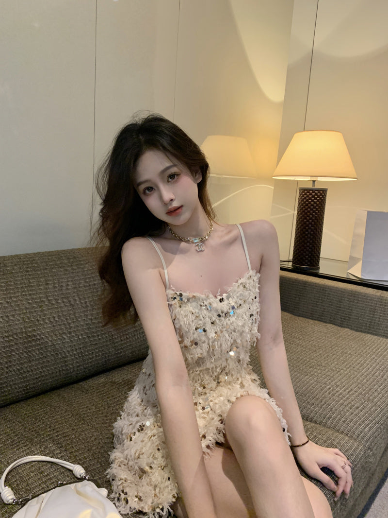 Furry Sequin Sleeveless Bodycon Mini Skirt Spaghetti Strap Y2K Party Short Dress AP0463