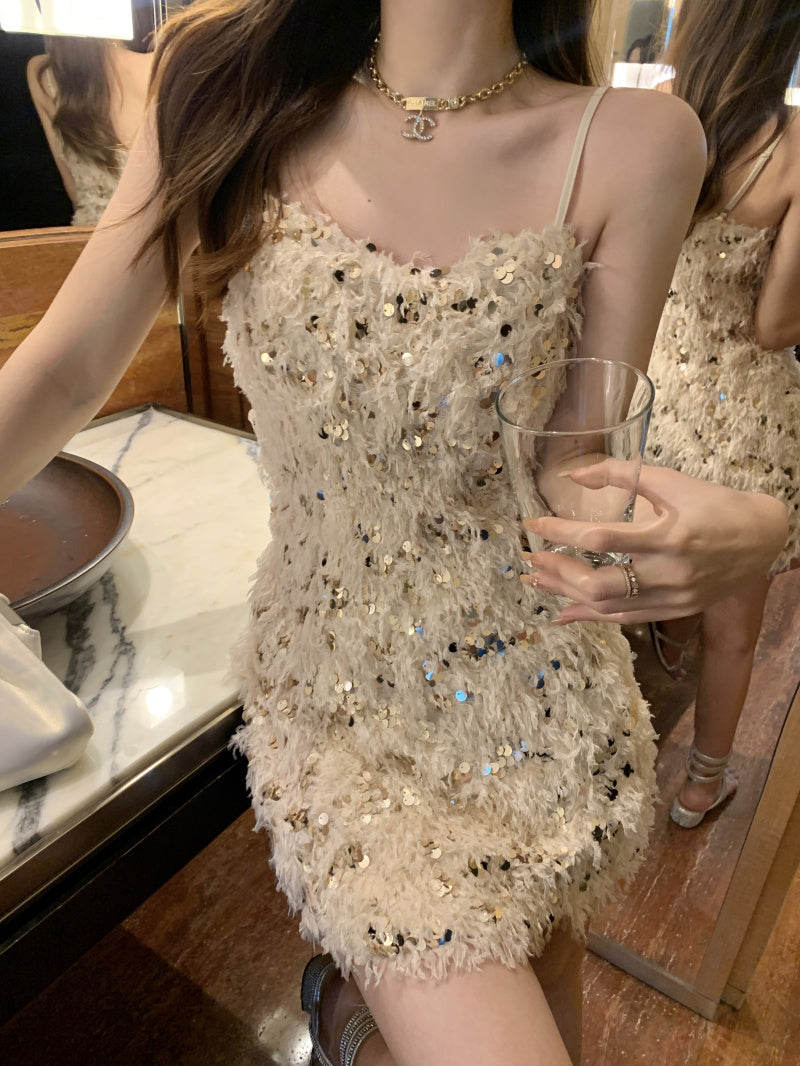 Furry Sequin Sleeveless Bodycon Mini Skirt Spaghetti Strap Y2K Party Short Dress AP0463