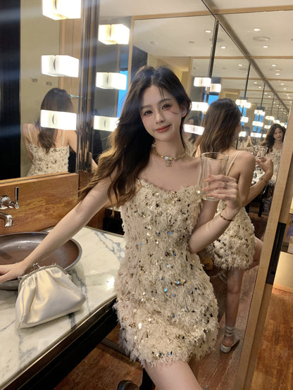 Furry Sequin Sleeveless Bodycon Mini Skirt Spaghetti Strap Y2K Party Short Dress AP0463