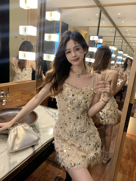 Furry Sequin Sleeveless Bodycon Mini Skirt Spaghetti Strap Y2K Party Short Dress AP0463