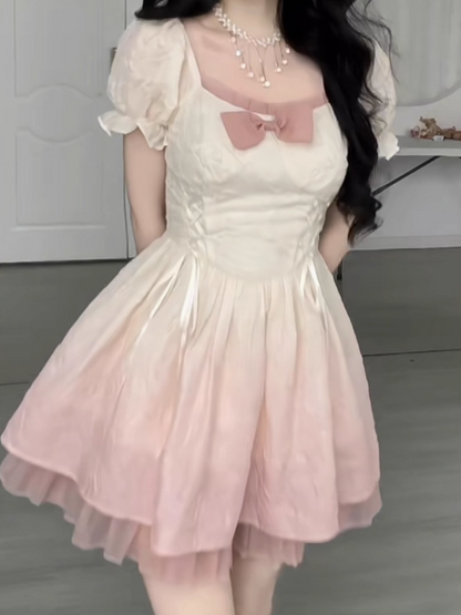 White-Pink Gradient Splicing Tulle Summer Skirt Cute Short Sleeve Ball Gown Short Dress AP0465