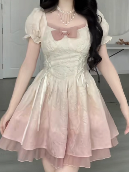 White-Pink Gradient Splicing Tulle Summer Skirt Cute Short Sleeve Ball Gown Short Dress AP0465