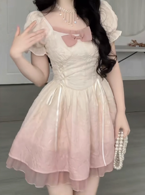 White-Pink Gradient Splicing Tulle Summer Skirt Cute Short Sleeve Ball Gown Short Dress AP0465